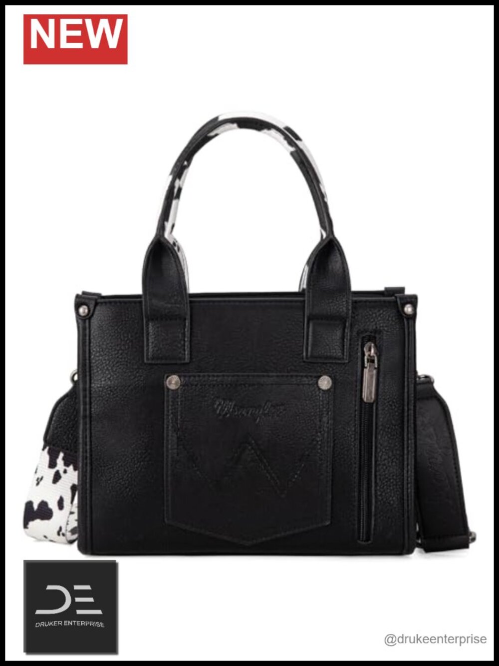 Western Cow Print Tote Bag with Faux Leather Whipstitch Accents - Picture 3 of 6